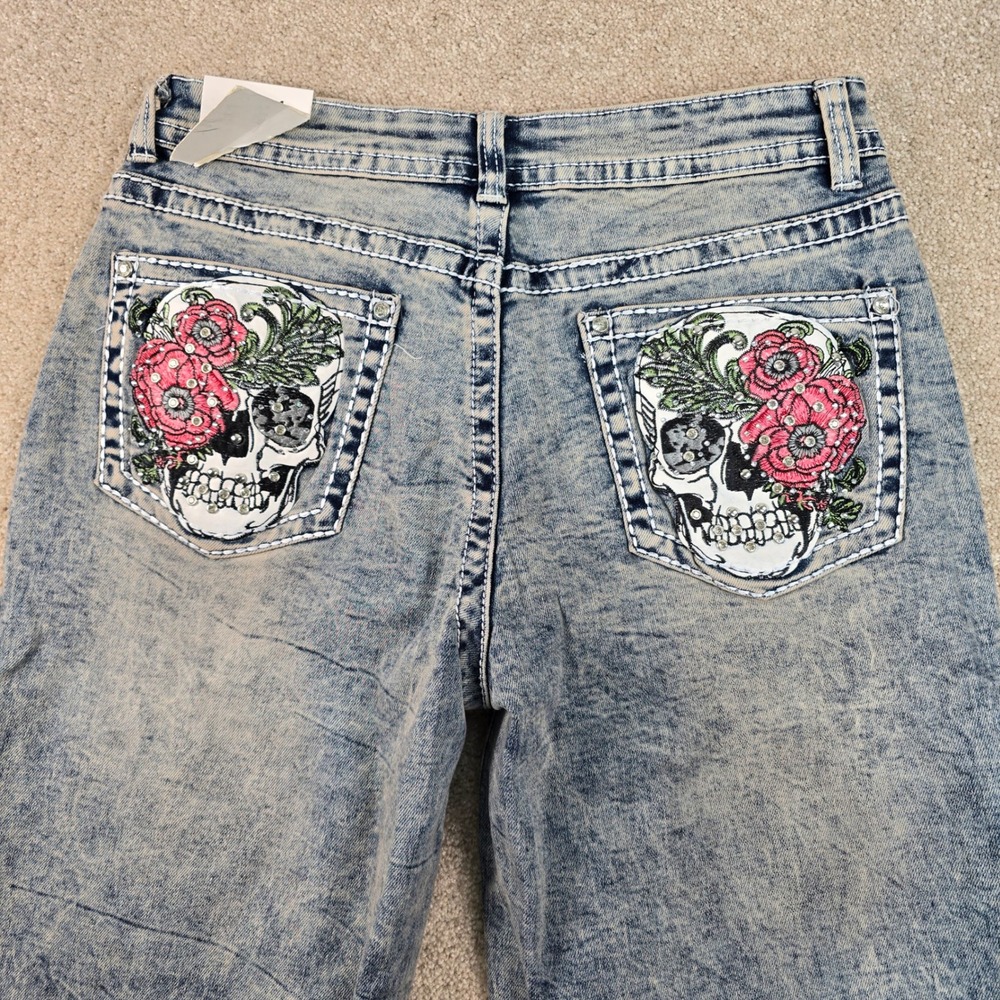 Telepatia Womens Mid Rise Wide Leg Acid Wash Skull Floral Rhinestone Jeans 13/31